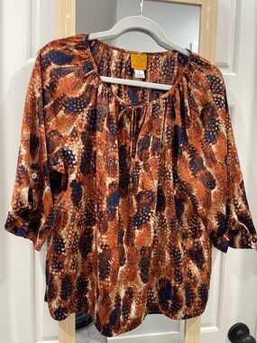 Ruby Rd. Navy & Burnt Orange Abstract Print Peasant Top
